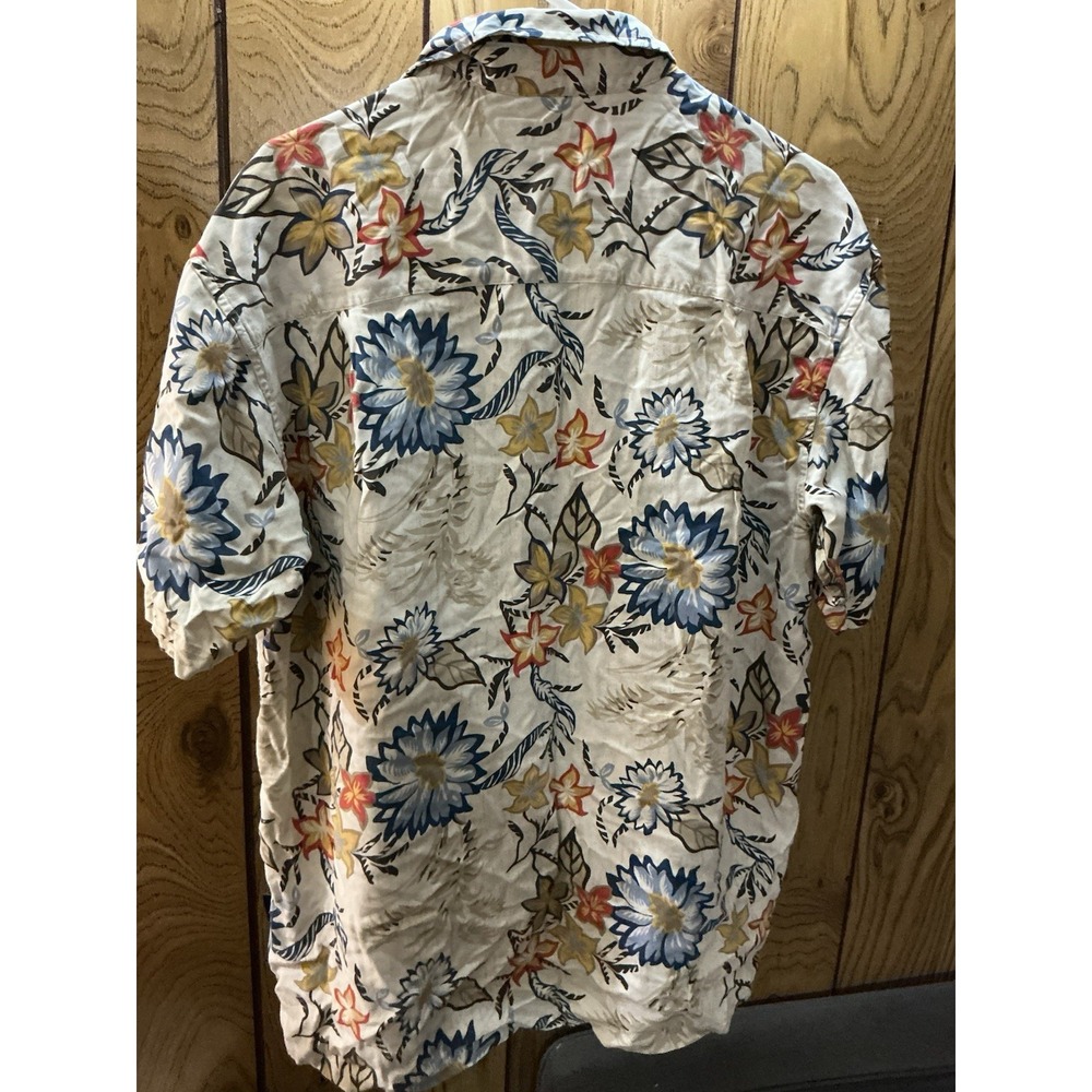 Nautica Mens 100% Silk Aloha Hawaiian Shirt L Floral Blue Beige Short Sleeve - Picture 6 of 6